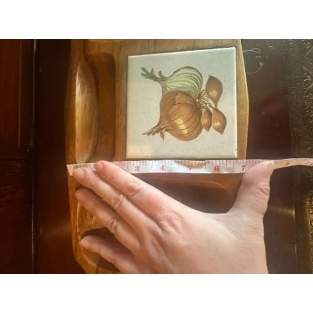 Vintage Mid-Century Wood Serving Charcuterie Tray with Vegetable Tile Inlay